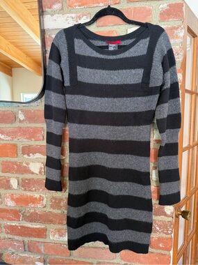 Theory Cashmere Black and Gray Striped Crewneck Sweater Dress